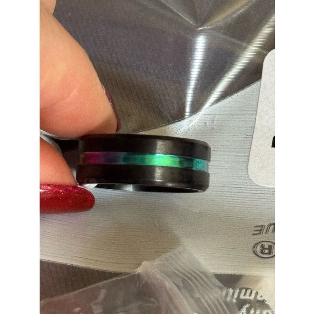 Wedding Band, Size 8 Black Titanium Ring w/ Multi-colored Stripe - Picture 4 of 8